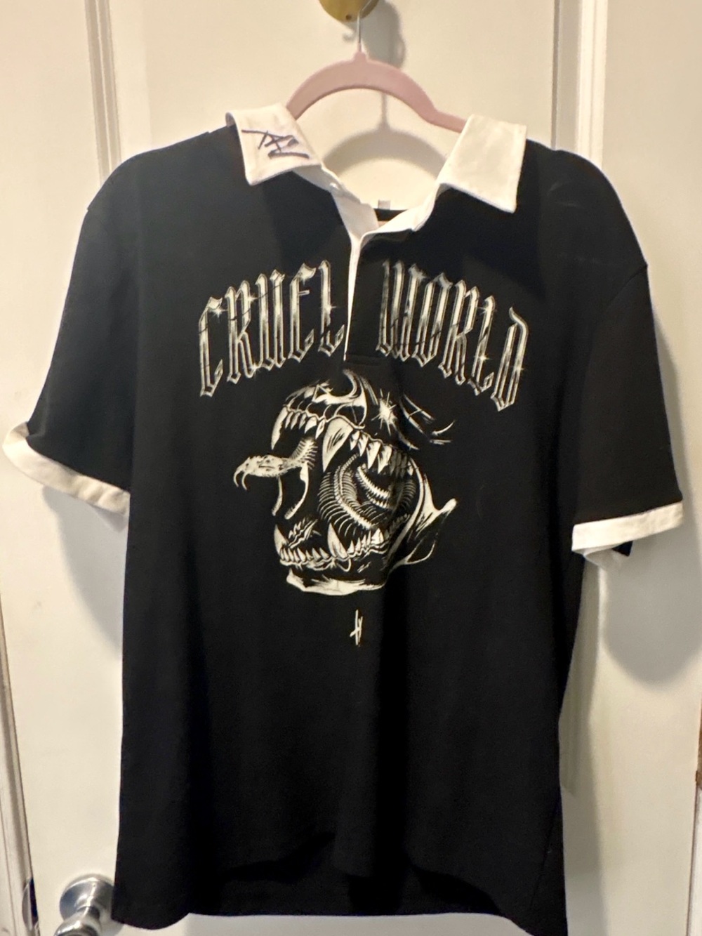 TX2 Autographed Cruel World Black Graphic Shirt with White Collar Size Medium